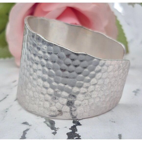 Brushed Silver Tone Hammered Wide Cuff Bracelet Brutalist Statement Piece - Picture 3 of 8